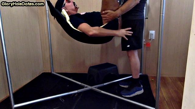 Deepthroating mature fucked in sling in homemade anal