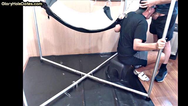 Deepthroating mature fucked in sling in homemade anal