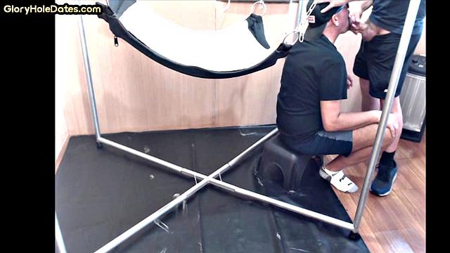 Deepthroating mature fucked in sling in homemade anal