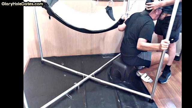 Deepthroating mature fucked in sling in homemade anal