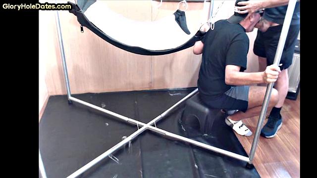 Deepthroating mature fucked in sling in homemade anal