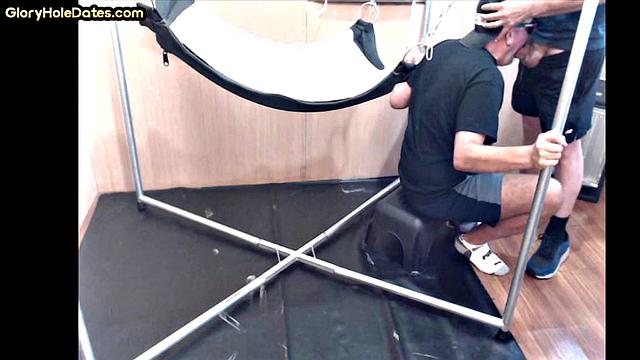 Deepthroating mature fucked in sling in homemade anal