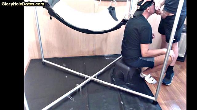 Deepthroating mature fucked in sling in homemade anal