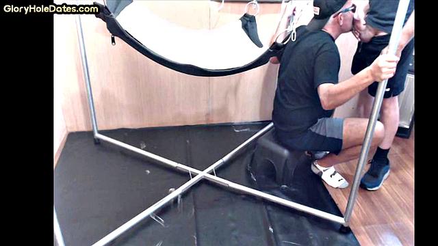 Deepthroating mature fucked in sling in homemade anal