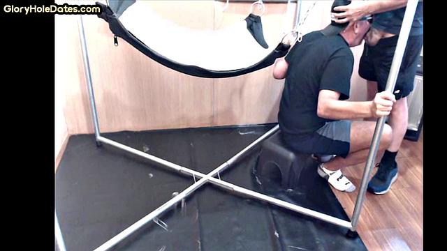 Deepthroating mature fucked in sling in homemade anal