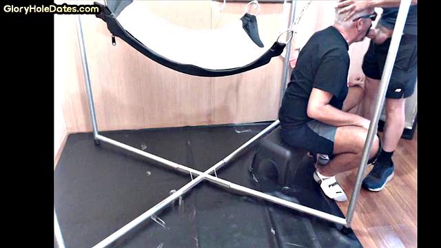 Deepthroating mature fucked in sling in homemade anal