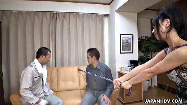 Petite brunette fucks two handsome guys