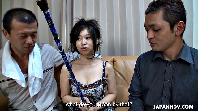 Petite brunette fucks two handsome guys