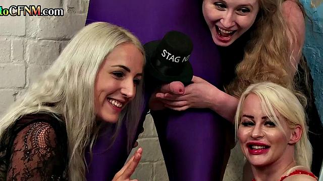 CFNM euro sluts give handjob to mascot aftrr party