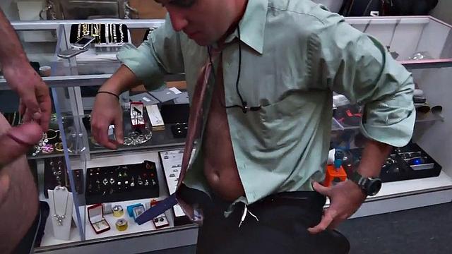 Pawnshop gay buyer gets fucked by owners in public