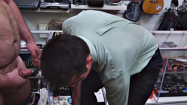 Pawnshop gay buyer gets fucked by owners in public