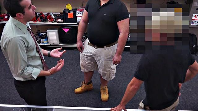 Pawnshop gay buyer gets fucked by owners in public