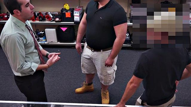 Pawnshop gay buyer gets fucked by owners in public