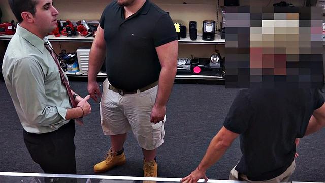 Pawnshop gay buyer gets fucked by owners in public