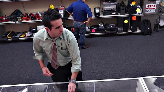 Pawnshop gay buyer gets fucked by owners in public