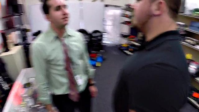 Pawnshop gay buyer gets fucked by owners in public