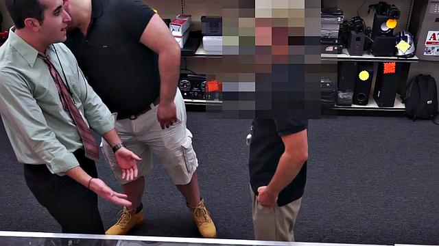 Pawnshop gay buyer gets fucked by owners in public