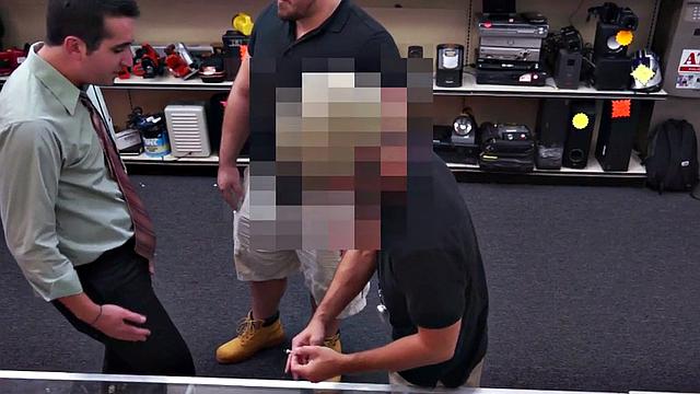 Pawnshop gay buyer gets fucked by owners in public