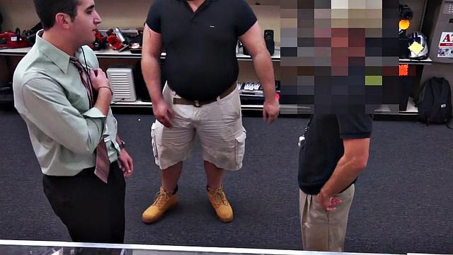 Pawnshop gay buyer gets fucked by owners in public