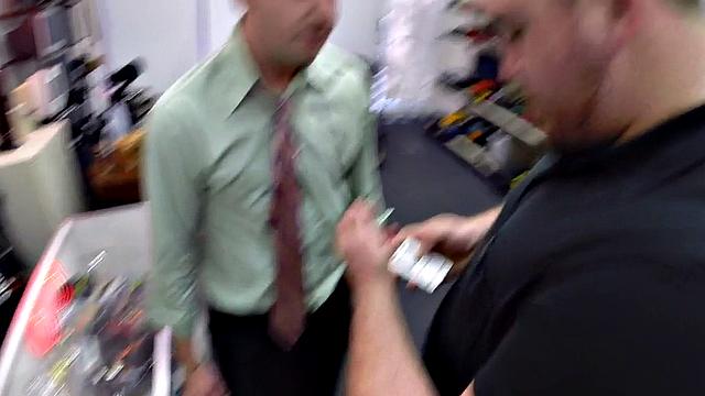 Pawnshop gay buyer gets fucked by owners in public
