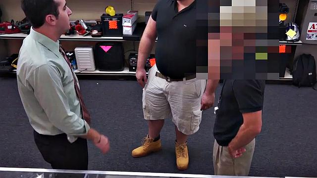 Pawnshop gay buyer gets fucked by owners in public