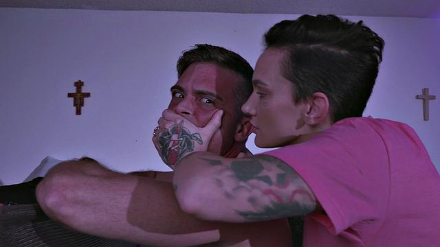 CFNM tattooed femdom babe pegging obedient male's asshole