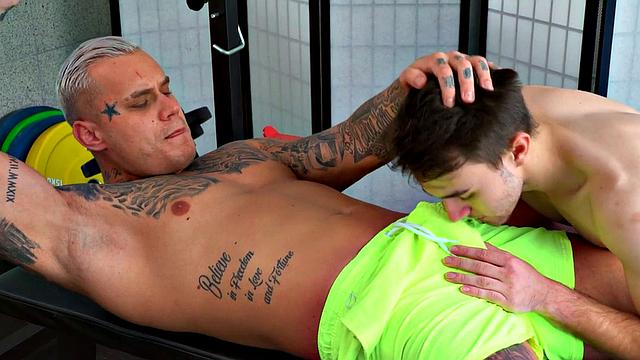 Tattooed gym hunk bareback bangs partner with cum in mouth ending