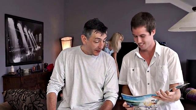 Stepdad nails bald blonde in living room while relaxing guy in front of camera