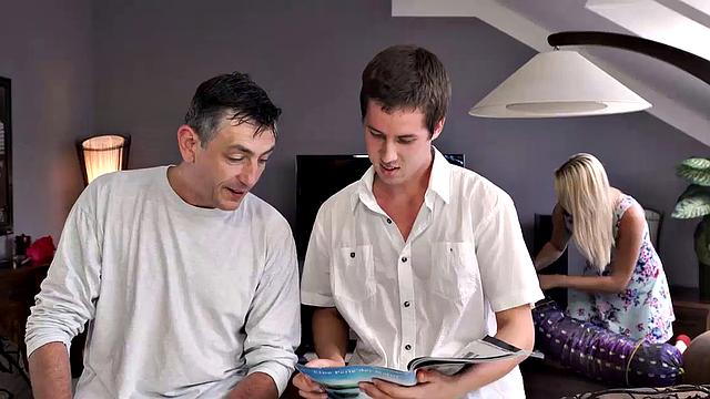 Stepdad nails bald blonde in living room while relaxing guy in front of camera