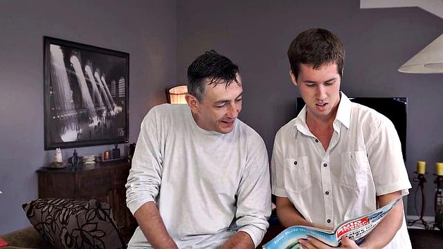 Stepdad nails bald blonde in living room while relaxing guy in front of camera