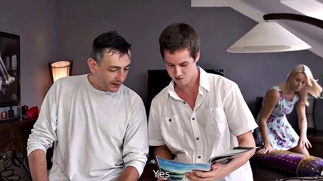 Stepdad nails bald blonde in living room while relaxing guy in front of camera