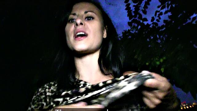 Tattooed brunette gets fucked outdoors and gives a public handjob