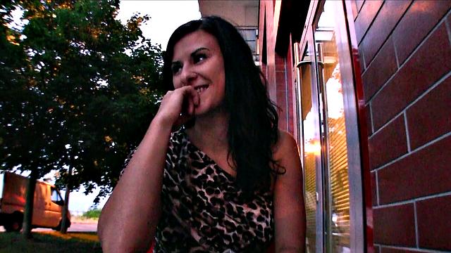 Tattooed brunette gets fucked outdoors and gives a public handjob