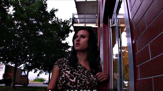 Tattooed brunette gets fucked outdoors and gives a public handjob