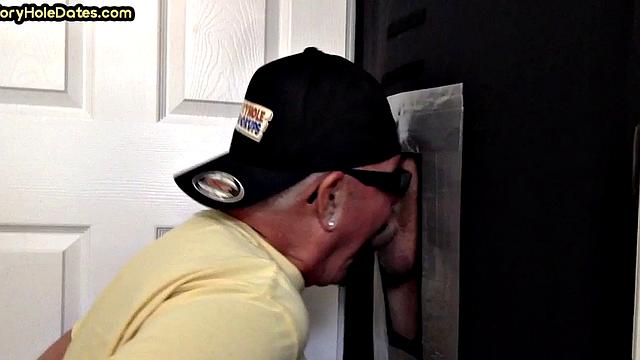 Jockstrap gaydaddy in gloryhole fucked after sucking dick