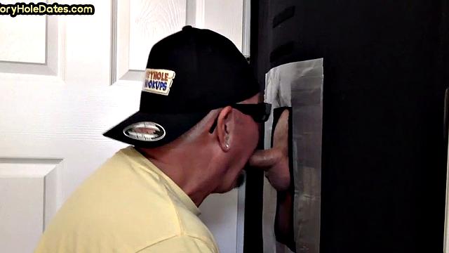 Jockstrap gaydaddy in gloryhole fucked after sucking dick