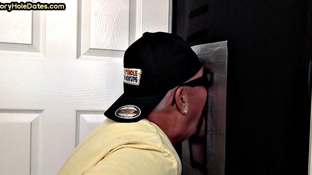 Jockstrap gaydaddy in gloryhole fucked after sucking dick