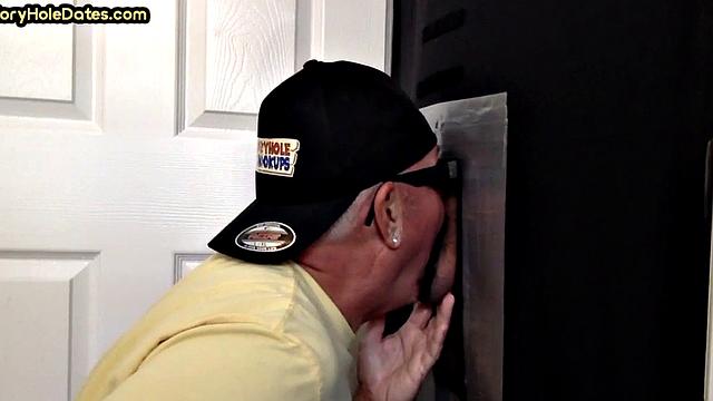 Jockstrap gaydaddy in gloryhole fucked after sucking dick