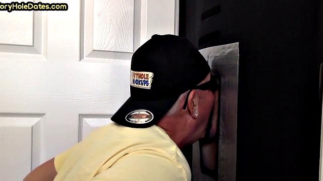 Jockstrap gaydaddy in gloryhole fucked after sucking dick