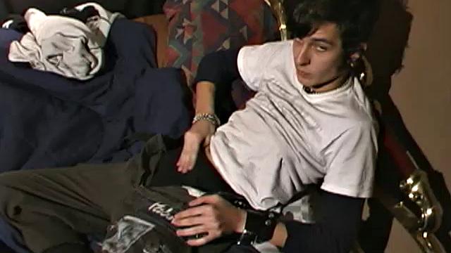 Skinny little 18 year old Clark Belmont is a sexy young guy, with that bad boy look. In the bedroom, he strips out of his baggy clothes and works up a boner.
