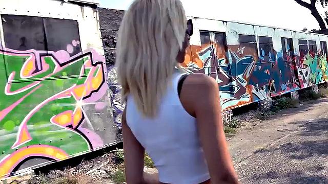 German skinny babe POV fucked outdoors in car