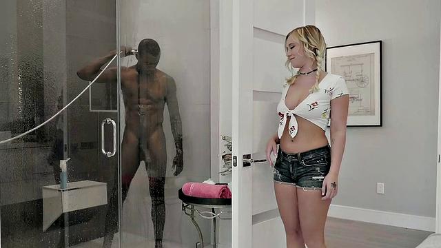 Blonde teen gets her pussy licked in the bathroom before getting pounded by a BBC