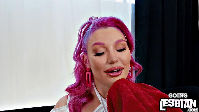 Busty pink-haired lesbian pussytoying babe