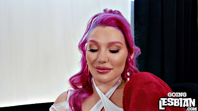 Busty pink-haired lesbian pussytoying babe