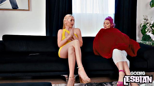 Busty pink-haired lesbian pussytoying babe