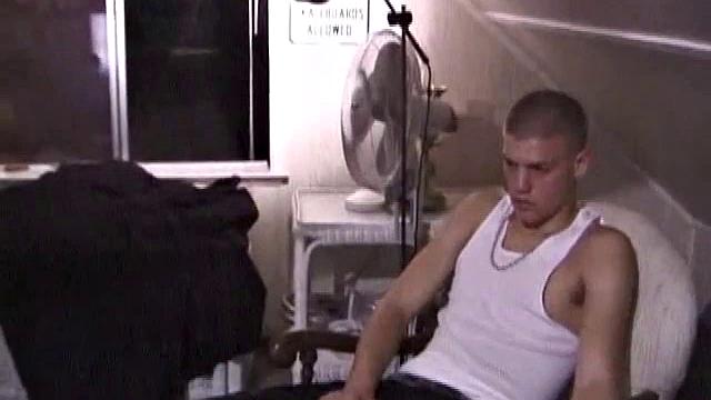 Not content with sitting while he jacks off, Lance teases the neighbors by standing on the roof outside his bedroom window to give everyone a show. Then he finishes by blowing his cum load onto the floor of his bedroom.