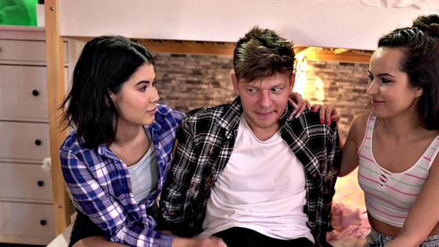 Naughty hostel babes spoil lucky dude in wild threesome with small tits and outdoor cowgirl action