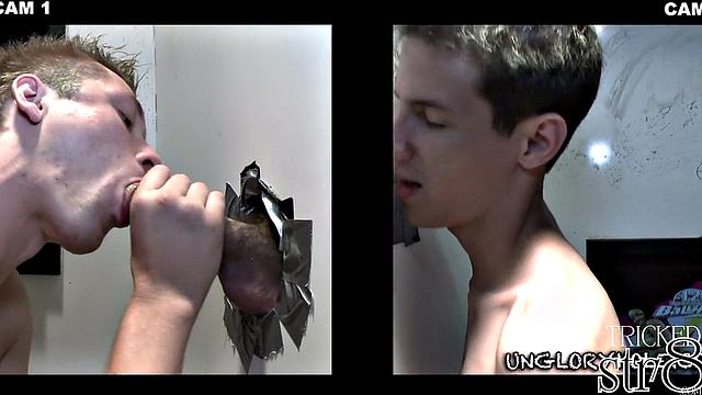 athletic straight stud gets worked over at the glory hole by a hungry guy