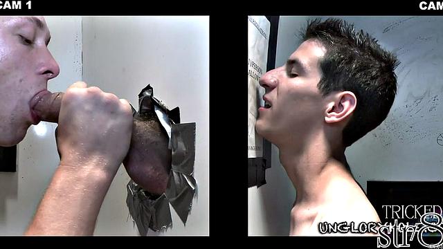 athletic straight stud gets worked over at the glory hole by a hungry guy