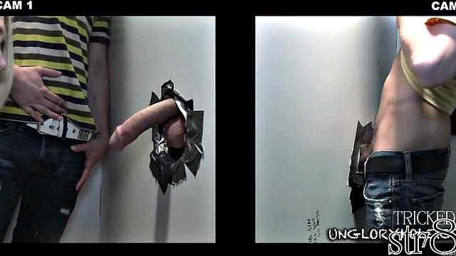 athletic straight stud gets worked over at the glory hole by a hungry guy